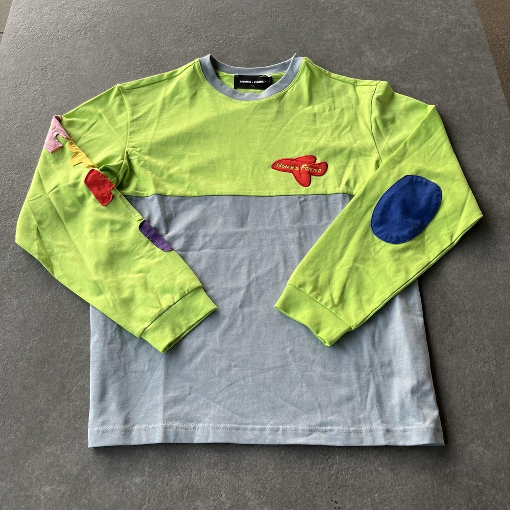 Homme + Femme Shirt Mens Small Lime Green Gray Colorblock Long Sleeve‎ Patchwork